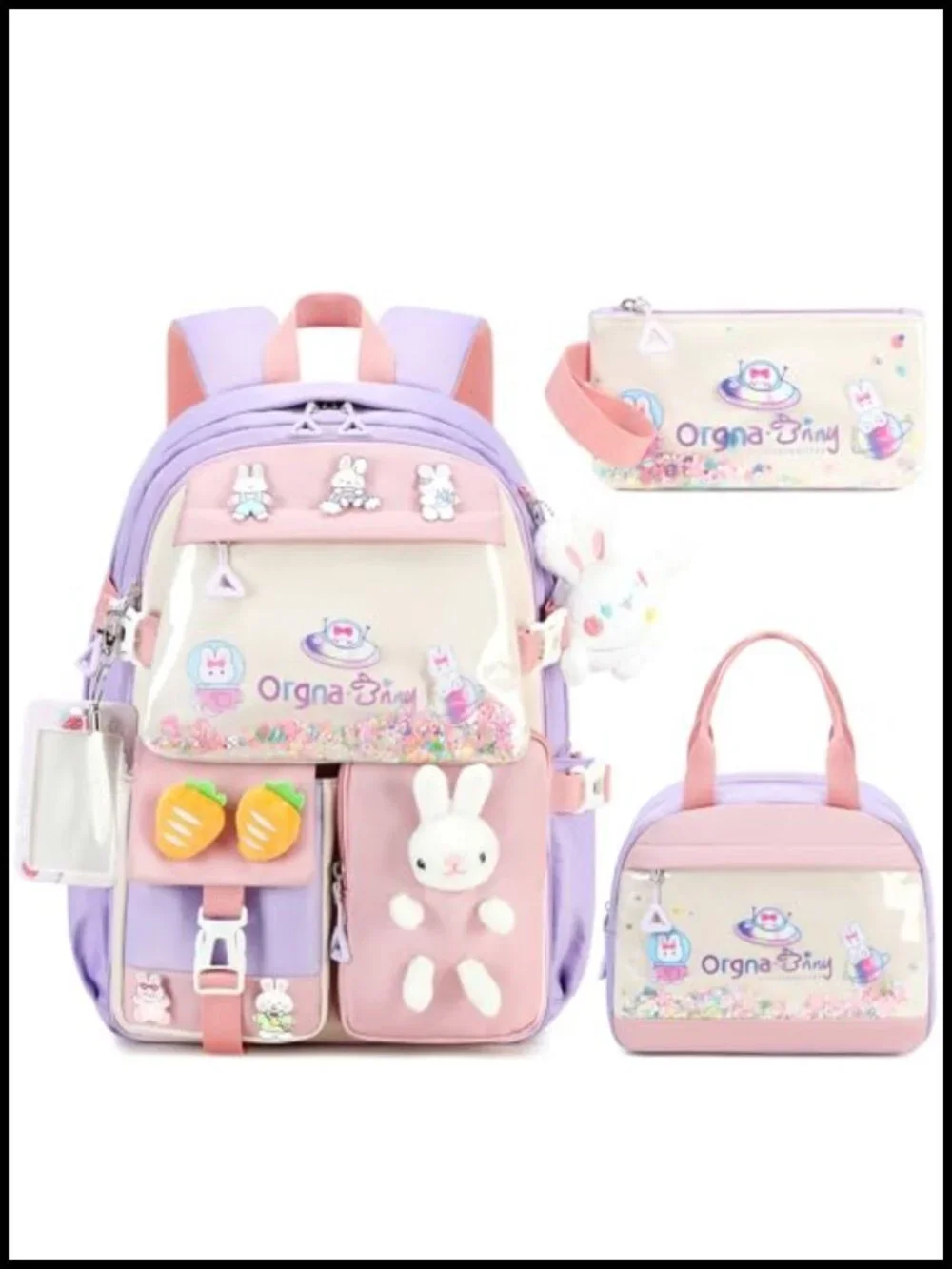 Girls Backpack Set with Lunch Box Pencil Case, Kawaii Bunny, Waterproof Nylon,
